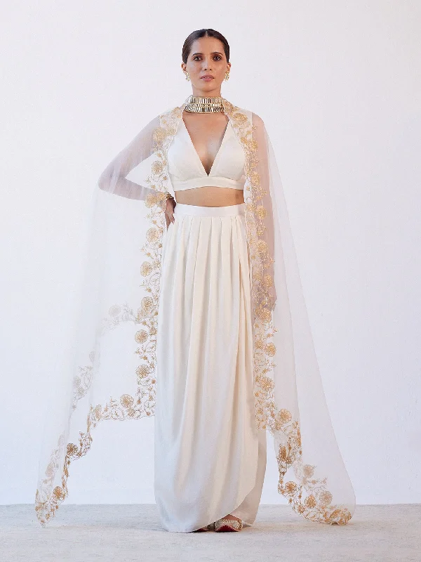 Ivory Embroidered Drape Skirt Set belted skirt waist