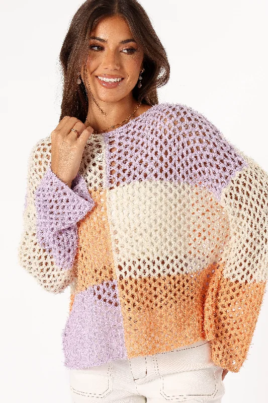 Dawn Color Block Knit Sweater - Cream Lavender Spandex Rayon Corduroy