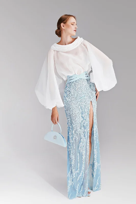 Voluminous organza top with beaded skirt lace skirt delicate
