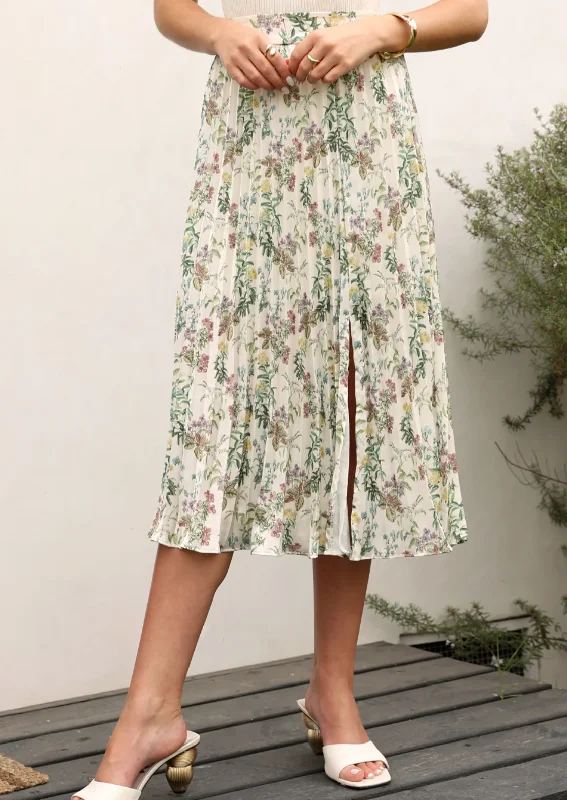 Jackie Pleated Midi Skirt- Ivory Meadow cashmere skirt fine