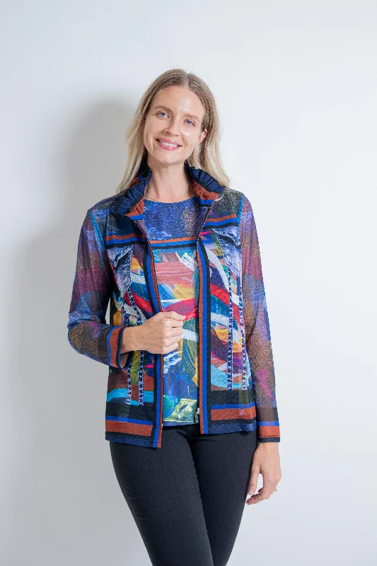 Blue Mixed Print Mesh Jacket & Tank Set Zippered Jacket Buttoned Jacket Snapped Jacket