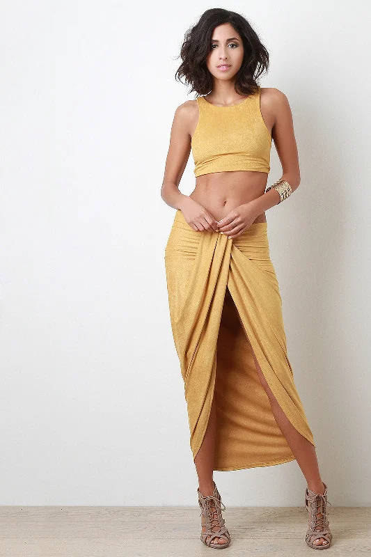Draped Front Suede Midi Skirt velvet skirt plush