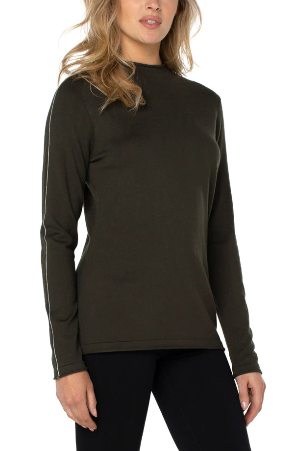 Liverpool Mock Neck Rolled Hem Long Sleeve Sweater Black Herringbone Houndstooth Plaid