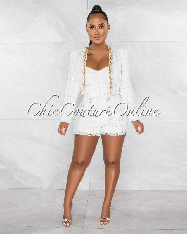 Cadean Cream Pearls Gold Link Tweed Romper w Jacket Set Denim Fabric Leather Fabric Suede Fabric Cadean Cream Pearls Gold Link Tweed Romper w Jacket Set Denim Fabric Leather Fabric Suede Fabric