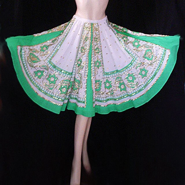*$300 MILLY OF NEW YORK JADE & WHITE FULL CIRCLE 14-1/2 FEET SKIRT ENCRUSTED WITH SPARKLING GOLD SEQUINS cashmere skirt rich