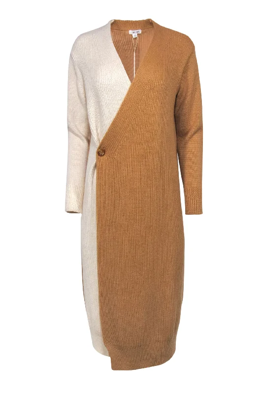 Prima - Camel & Ivory Two-Toned Wrap Maxi Sweater Dress Sz S Houndstooth Herringbone Solid