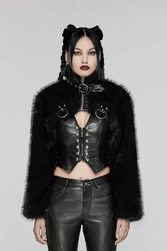 Black Stand Collar Long Sleeves Women's Punk Faux Fur Short Jacket Oversized Jacket Tailored Jacket Straight Jacket