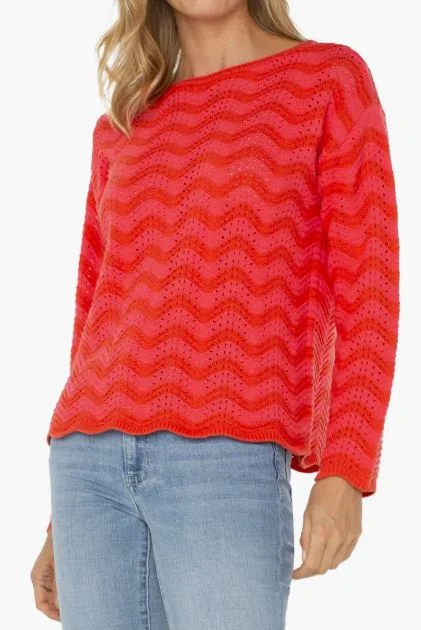 Liverpool Long Sleeve Boatneck Sweater Pink/Red Stripe Herringbone Houndstooth Plaid