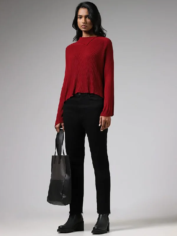 LOV Maroon Asymmetrical Flap Collar Sweater Plaid Sweater Polka Dot Checkered