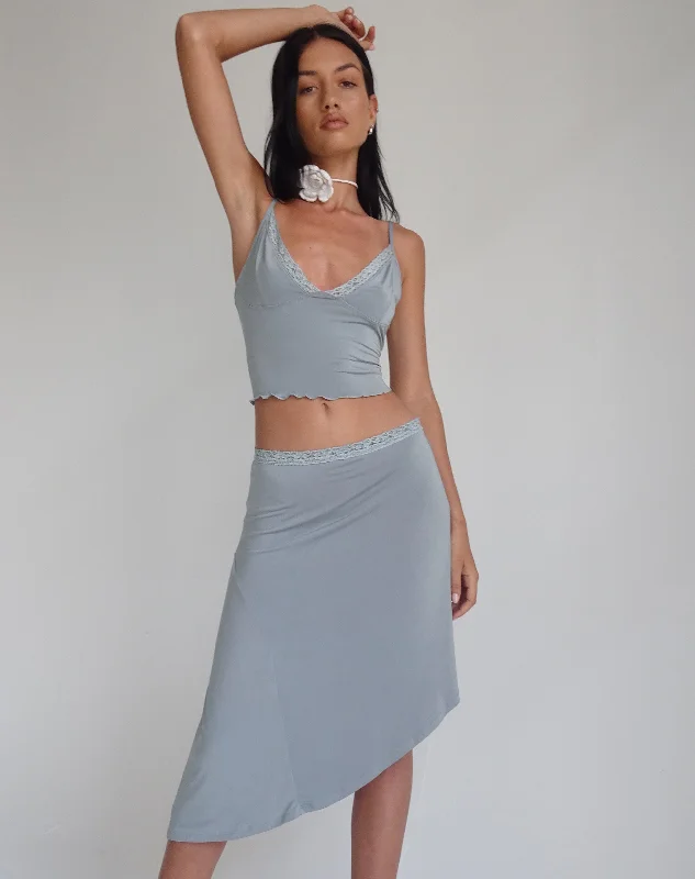 Drew Asymmetric Midi Skirt in Slinky Grey breathable skirt fabric