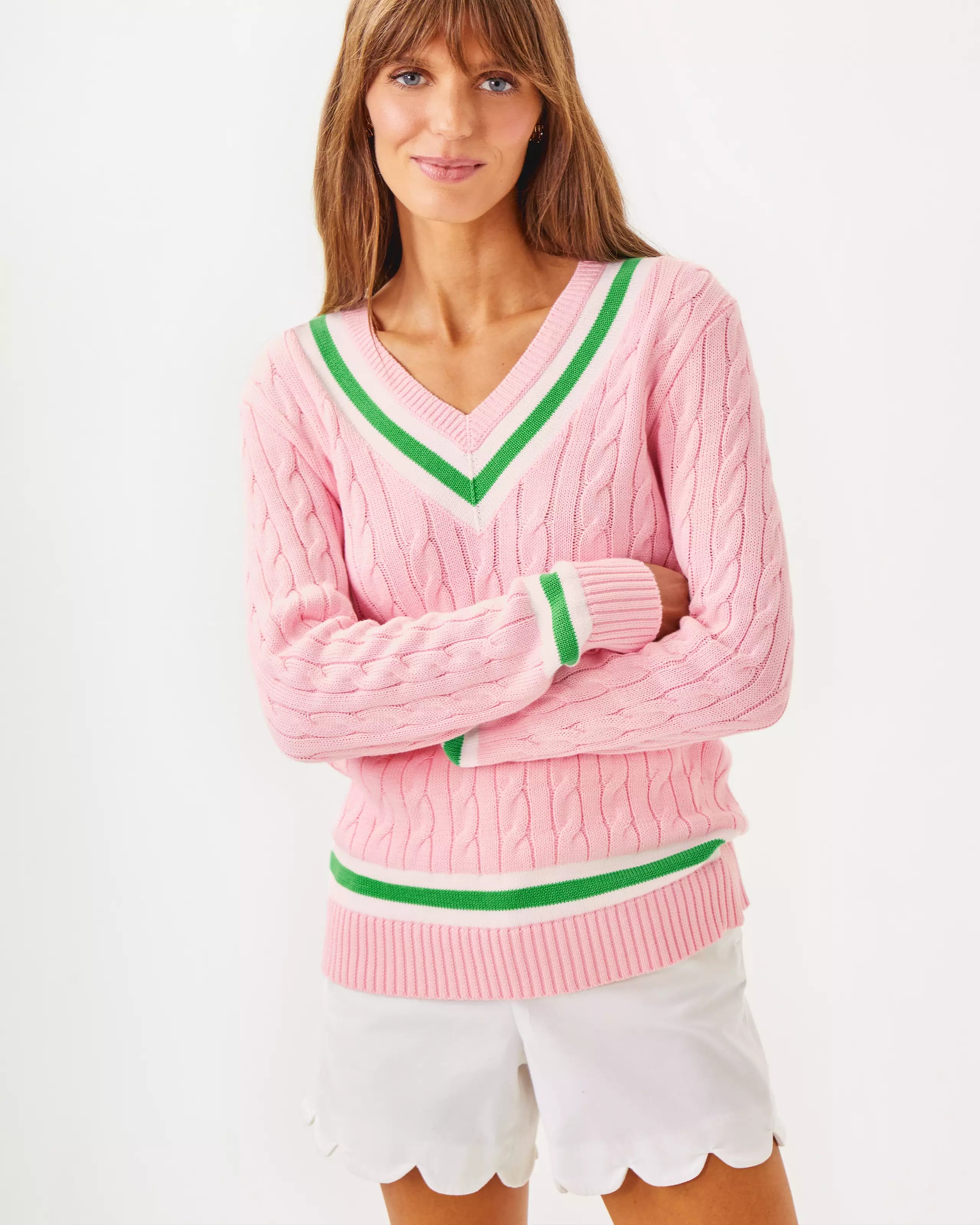 Lilly Pulitzer Brockton Sweater Pink Muse X Fauna Green Tipping Layered Multi-layer Single Layer
