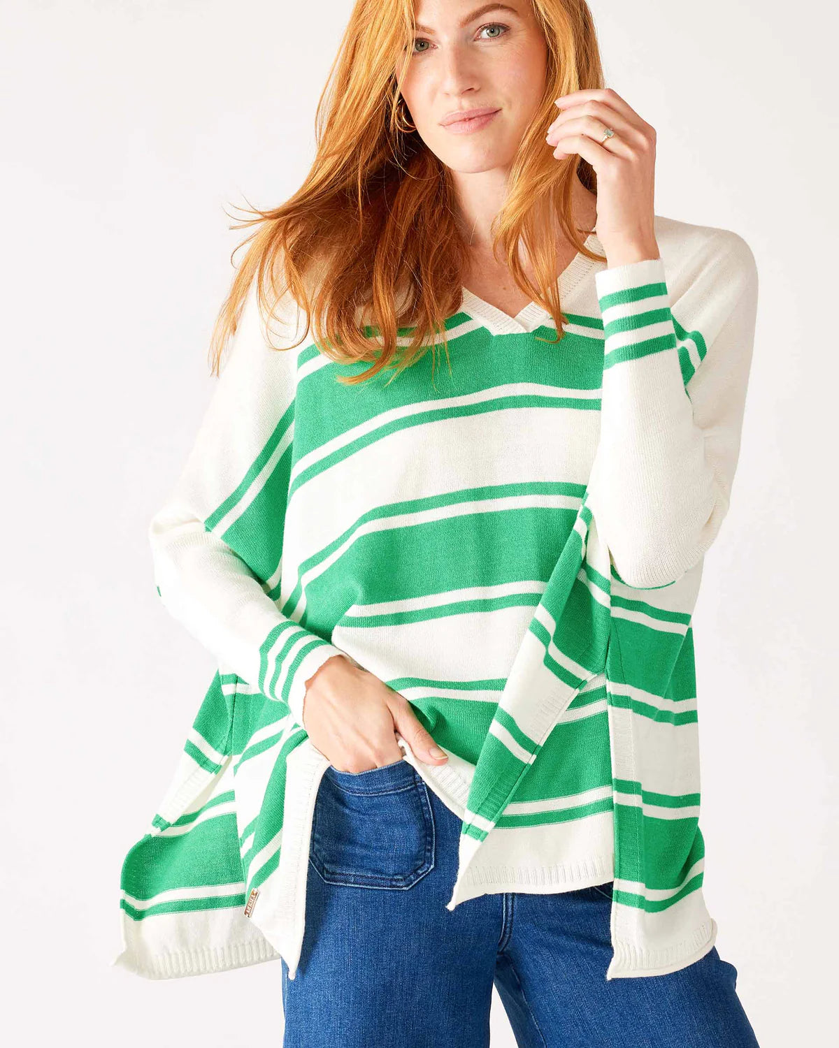 Mersea Catalina V-Neck Sweater White/Jade Striped Fleece Sweater Nylon Polyester