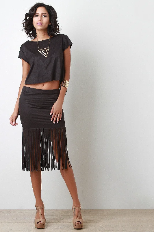 Suede Fringe Midi Skirt midi skirt versatile