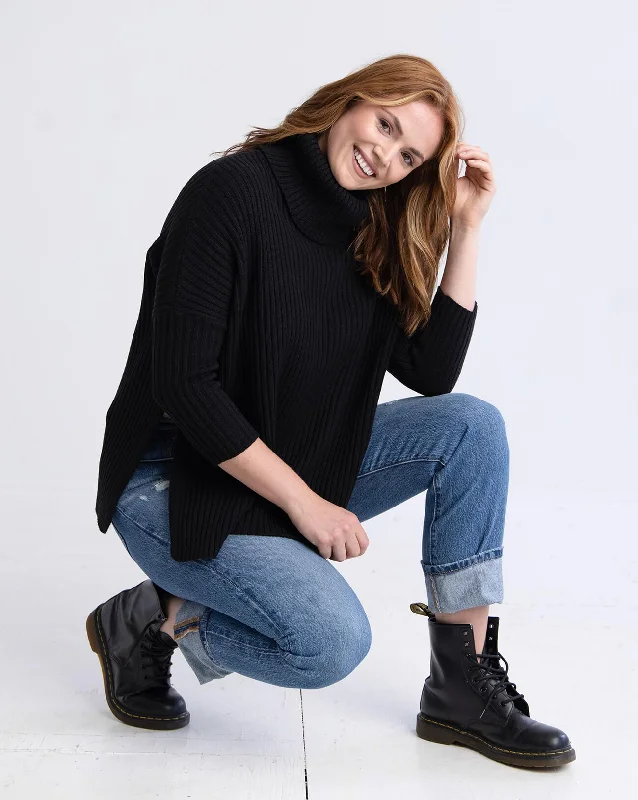 Mersea New Yorker Ribbed Cowl Sweater Black Mesh Fabric Canvas Fabric Denim Fabric