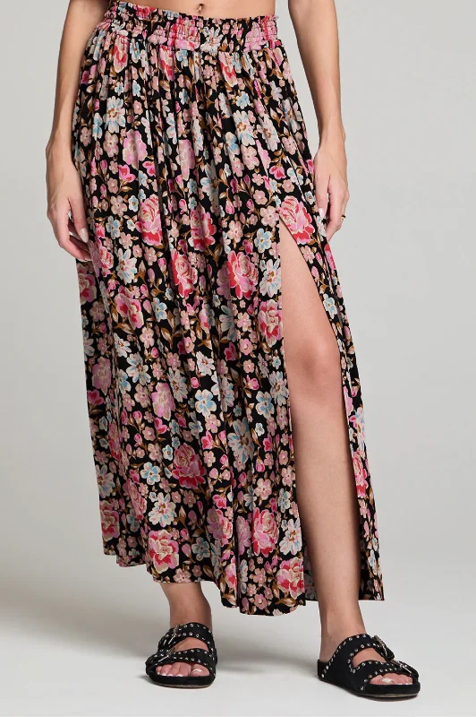 Delvine Maxi Skirt—Midnight Floral Fusion leather skirt refined