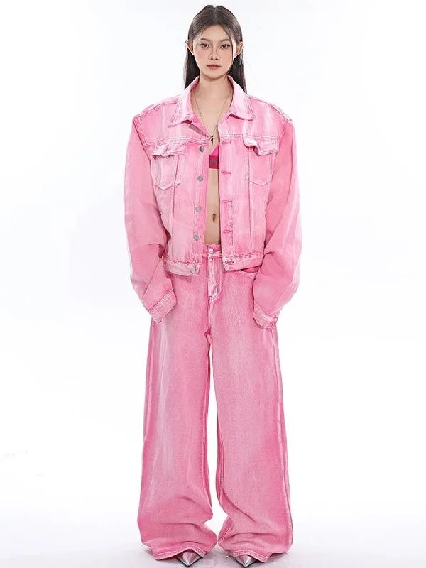 Barbie Pink Denim Bleach Washed Dye Long Sleeve Button Up Jean Jacket + Low Waist Straight Leg Jeans Pants Matching Set Striped Jacket Polka Dot Jacket Floral Jacket Barbie Pink Denim Bleach Washed Dye Long Sleeve Button Up Jean Jacket + Low Waist Straight Leg Jeans Pants Matching Set Striped Jacket Polka Dot Jacket Floral Jacket