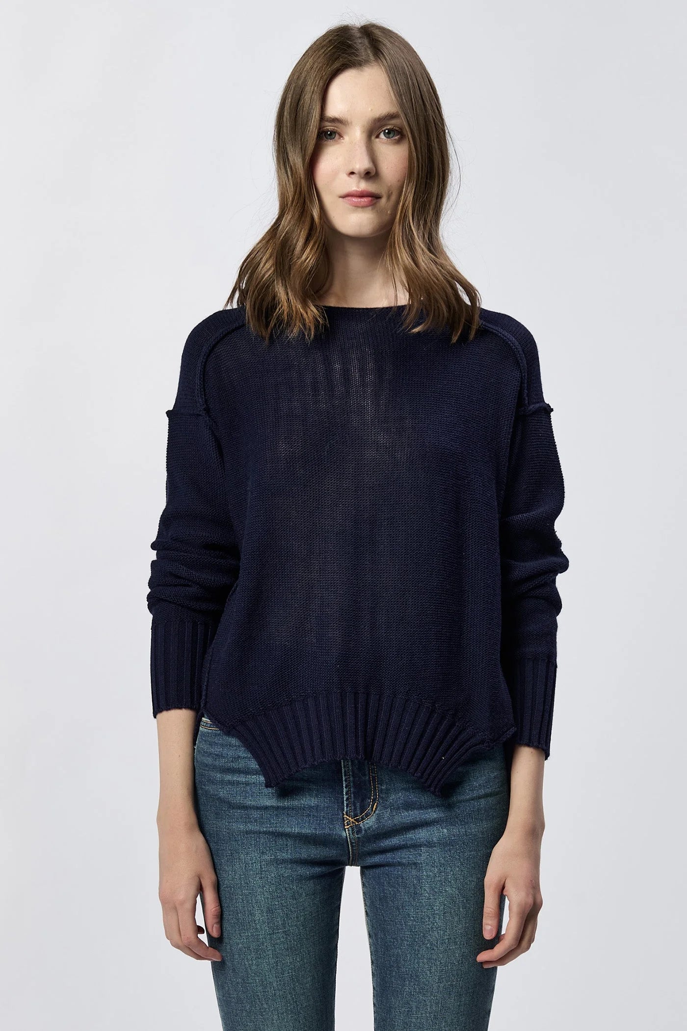 Dear John Jenna Crew Neck Long Sleeve Sweater Black Iris Fleece Fabric Down Fabric Feather Fabric