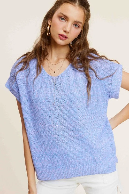 Rylee Soft Lightweight V-Neck Short Sleeve Sweater Top Chenille Brocade Lace