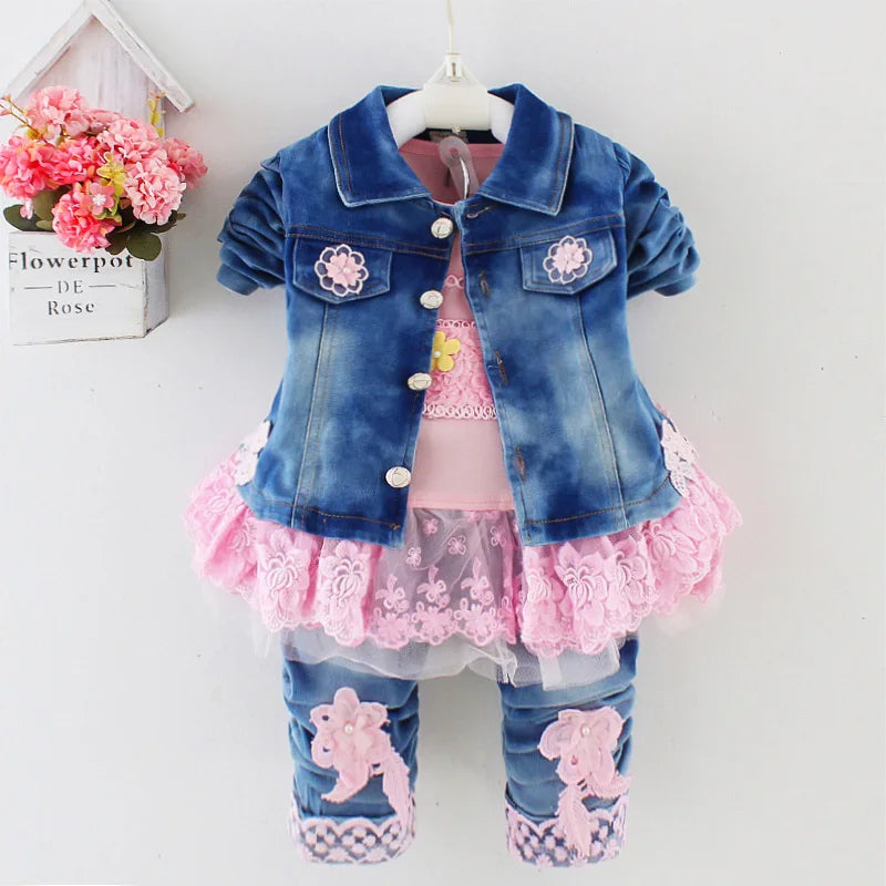 Spring Autumn Infant Toddler Baby Girl Denim Clothing Sets 3 pcs Long Sleeve T Shirt Tops Denim Jacket and Jeans Trousers Chenille Fabric Brocade Fabric Lace Fabric