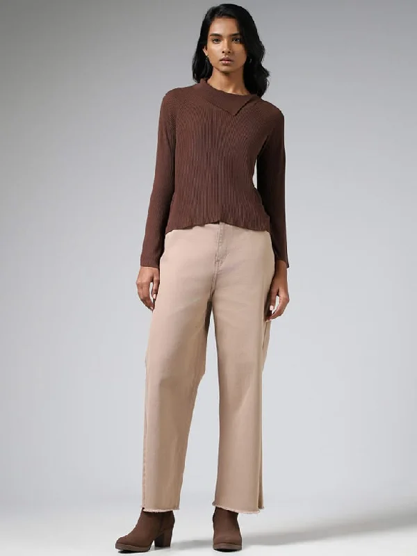 LOV Chocolate Brown Asymmetrical Flap Collar Sweater Thin Thick Dense