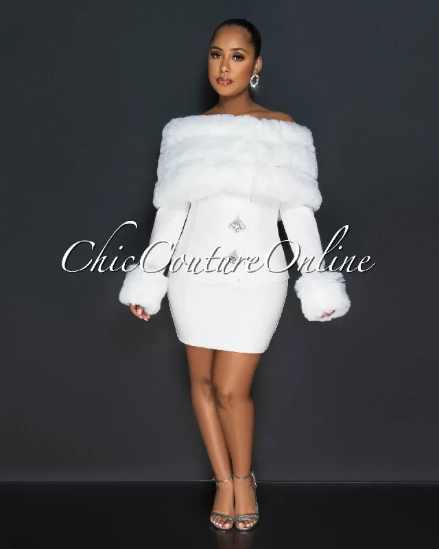 Gussy Off-White Faux Fur & Rhinestones Jacket & Skirt Set V-Neck Jacket Boat Neck Jacket Square Neck Jacket