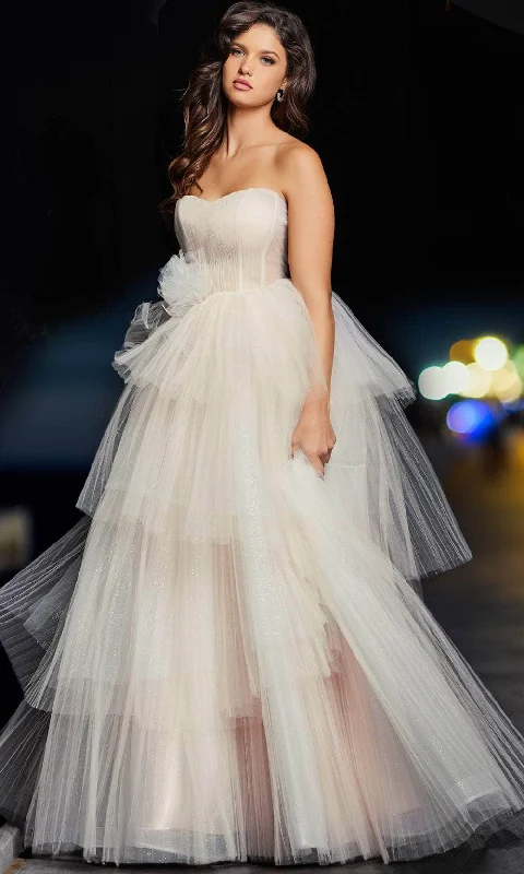 Jovani 38537 - Tiered Skirt Off Shoulder A-line Gown button skirt front