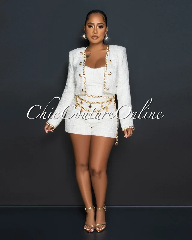 Arsenio Cream Gold Link Tweed Romper w Jacket Set Rayon Jacket Velvet Jacket Corduroy Jacket