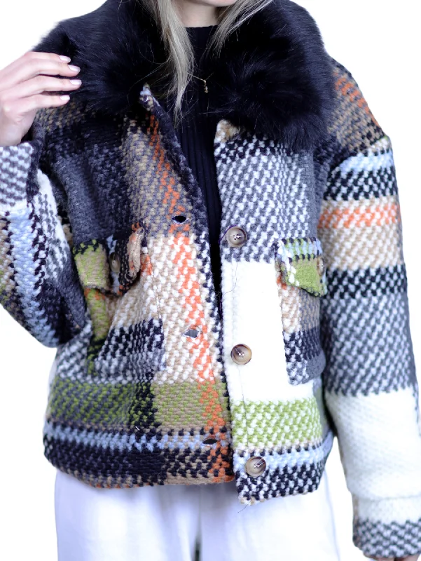 La Fiorentina Short Plaid Wool Jacket w/ Faux Fur Trim- Ivory/Black Cotton Jacket Linen Jacket Terry Jacket La Fiorentina Short Plaid Wool Jacket w/ Faux Fur Trim- Ivory/Black Cotton Jacket Linen Jacket Terry Jacket