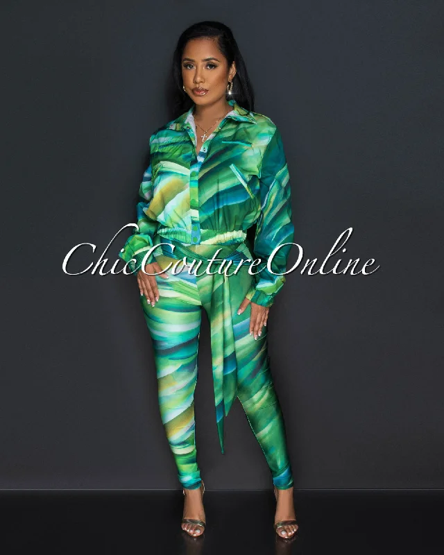 Latany Green Print Jacket & Leggings Set Jacket Blazer Coat