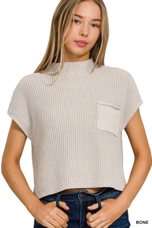 Fray Mock Neck Short Sleeve Cropped Sweater Velvet Chenille Corduroy