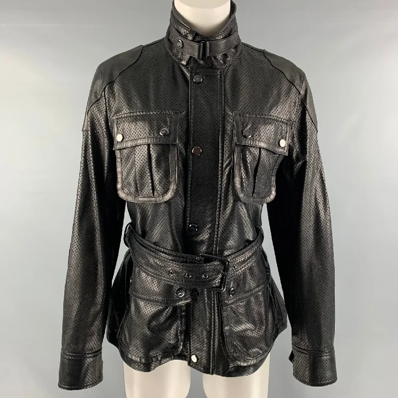 RALPH LAUREN Size 6 Black Perforated Lamb Leather Safari Jacket Quilted Jacket Puffer Jacket Insulated Jacket