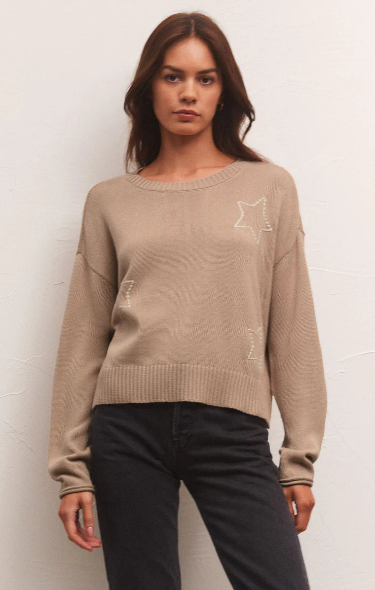 Z Supply Sienna Open Star Sweater Birch Front Pockets Side Pockets Patch Pockets