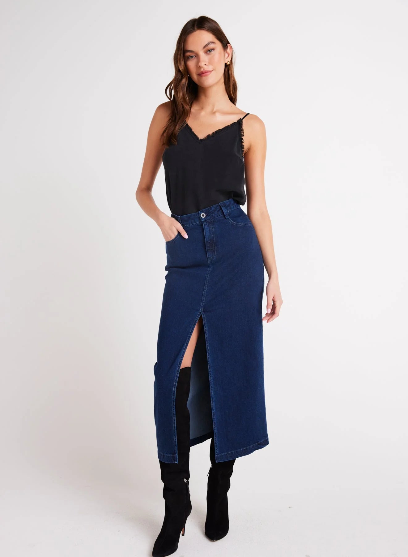 Gia Front Slip Maxi Skirt Indigo Twilight Wash tiered skirt playful