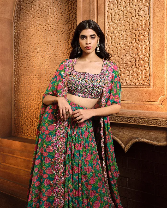 Emerald Green Printed Cape Skirt Set cotton skirt soft