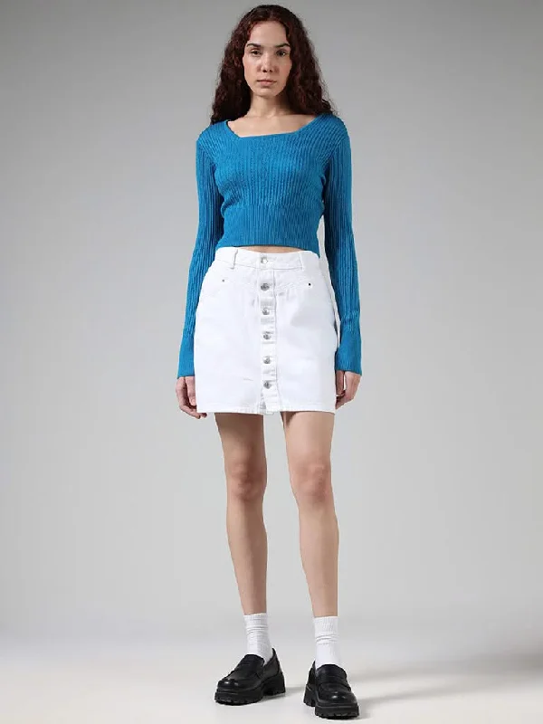 Nuon Solid Blue Lace Knitted Crop Sweater Spandex Blend Rayon Blend Denim Blend