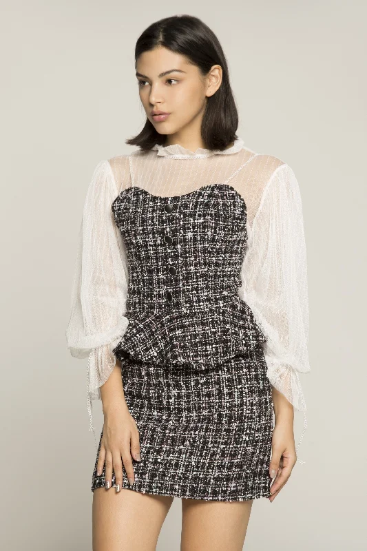 White Sheer Sleeves Tweed Button Up Peplum Top and Skirt lace skirt romantic