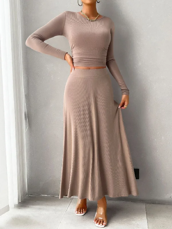 Devine Round Neck Long Sleeve Top and Skirt Set silk skirt luxurious