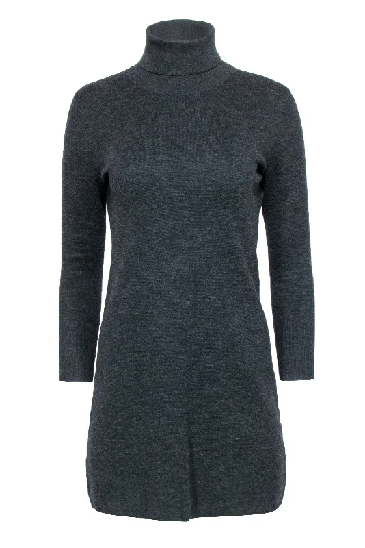 Theory - Dark Charcoal Wool Knit Turtleneck Sweater Dress Sz M Open Front Closed Front Wrap Front