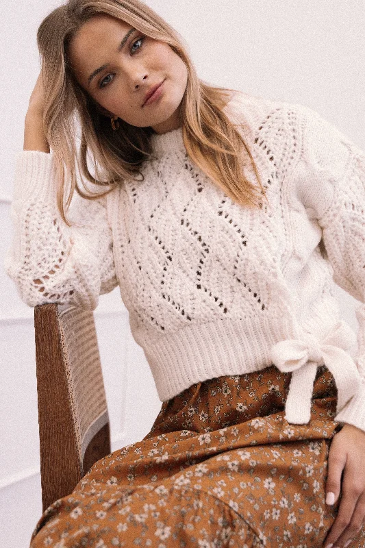 Birdie Tie Side Knit Sweater - Cream Mesh Sweater Canvas Denim