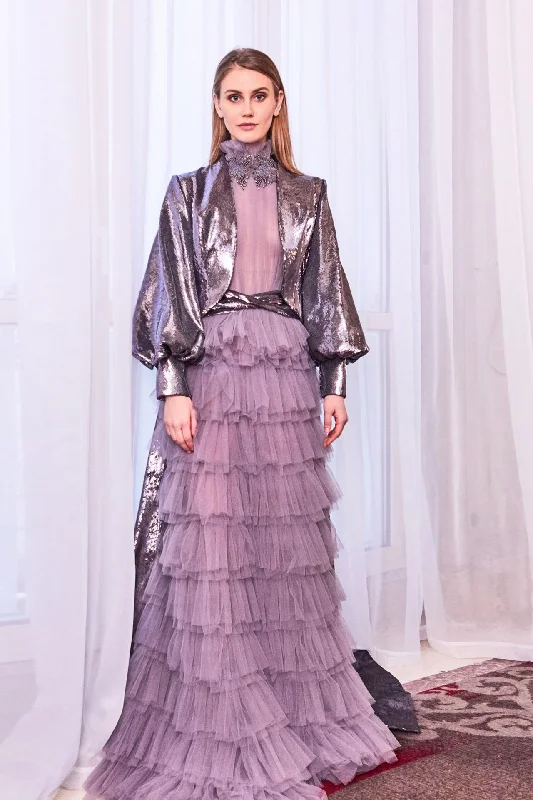 Jeweled neck tiered skirt gown with sequined cape chiffon skirt flowing