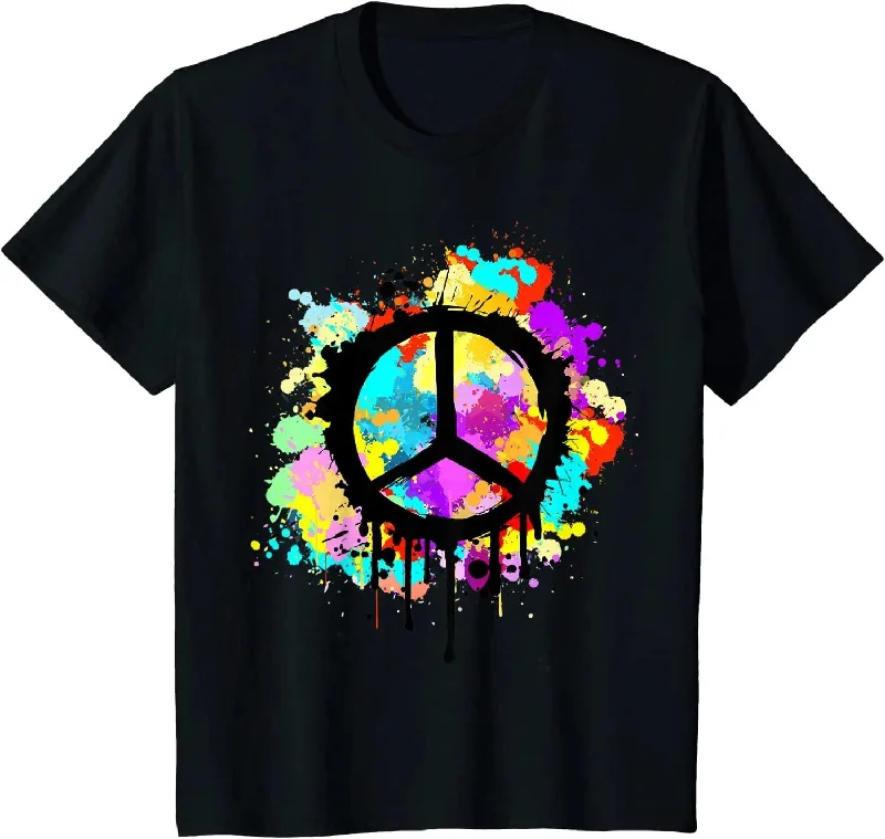 Retro Women's Painted Peace Sign Cotton Short Sleeve Tee Shirt Top