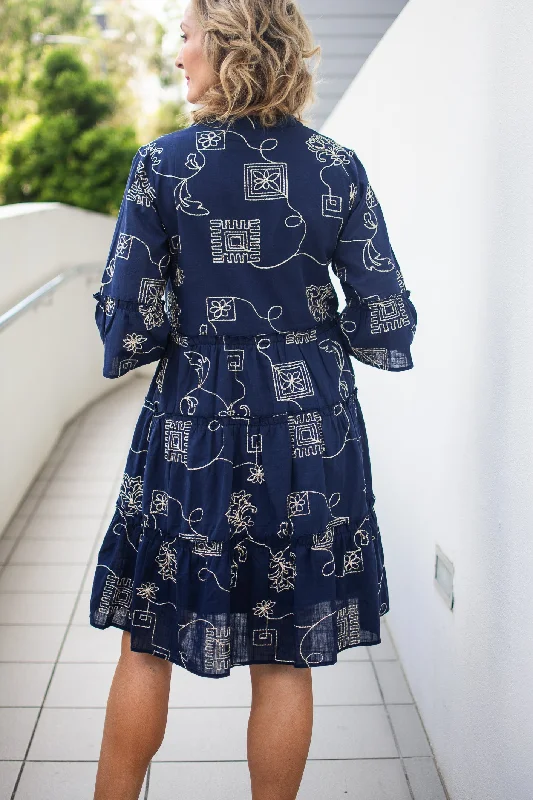 Andrea Navy Embroidered Resort Dress