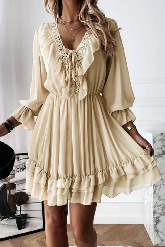 Beige Lacy V Neck Ruffled Mini Dress