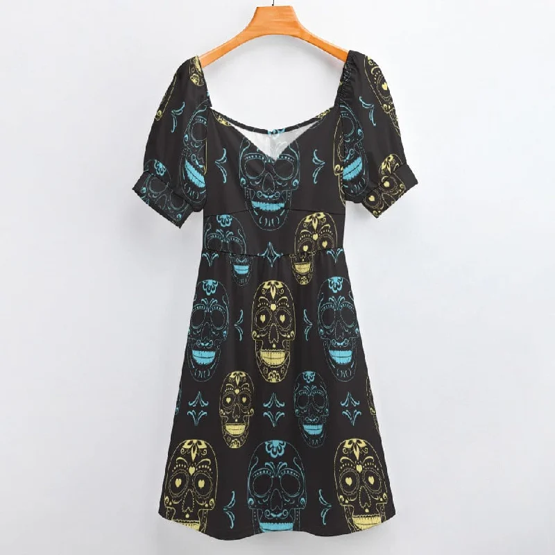 Blue Gold Skulls Sweetheart Puff Sleeve Dress