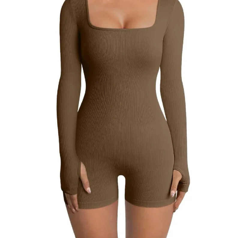 Brown Ribbed Sculpting Romper Shorts