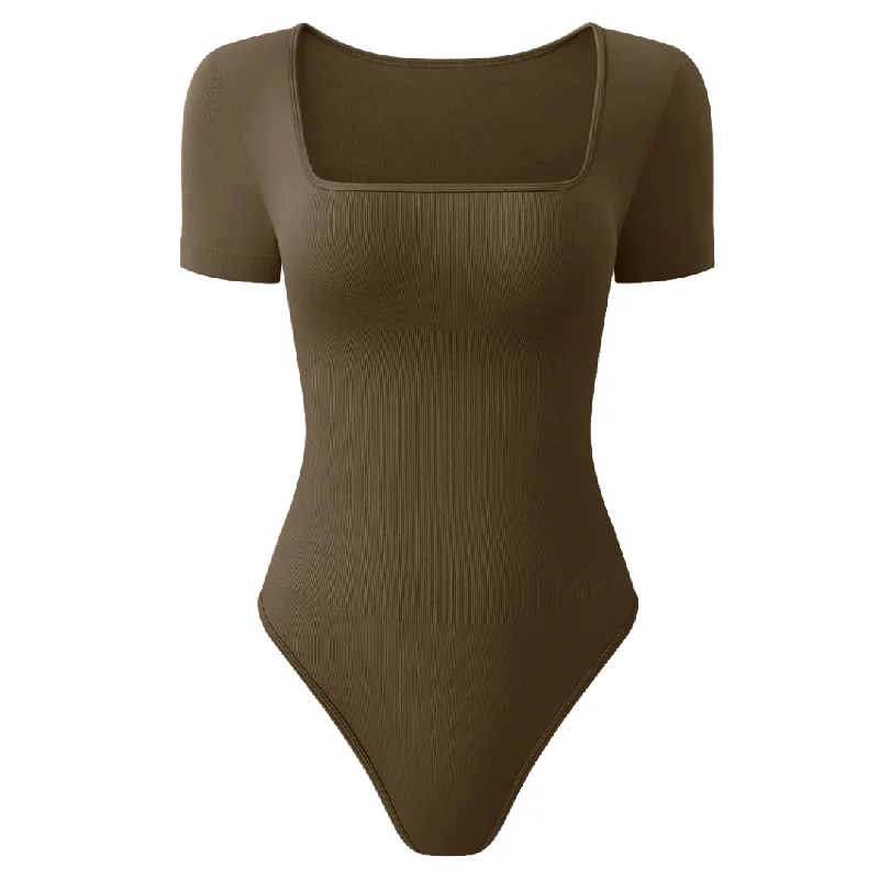 Brown Seamless Ribbed Squareneck Short Sleeve Bodysuit