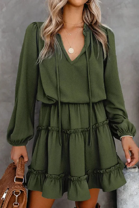 Casual V Neck Long Sleeve Short Tiered Dress