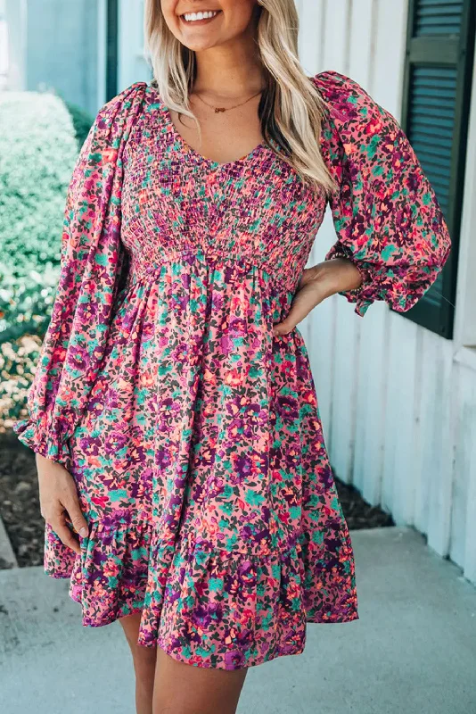 Floral Ruffle Pleated Smocked Dress