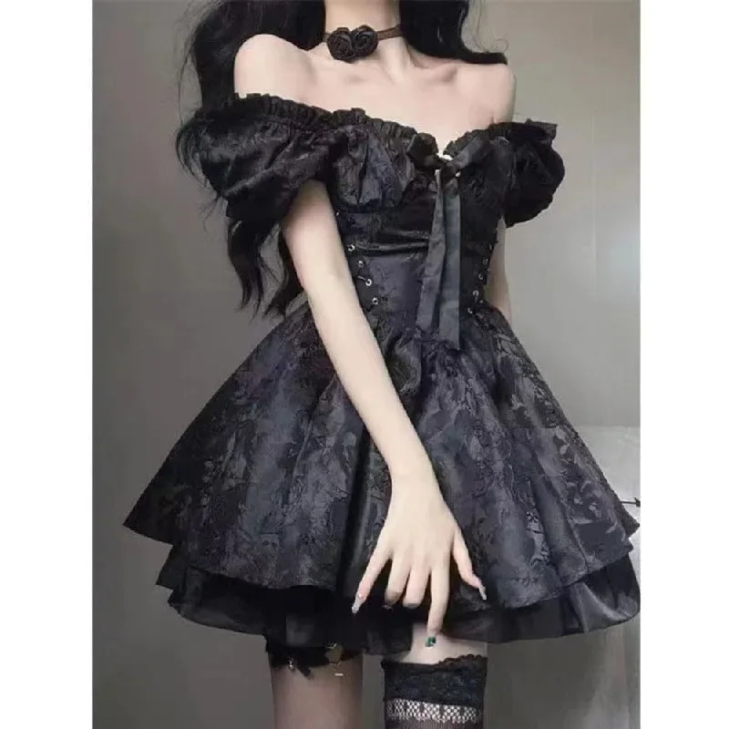 Gothic Black Vintage Puff Sleeve Tie Front Dress For Women