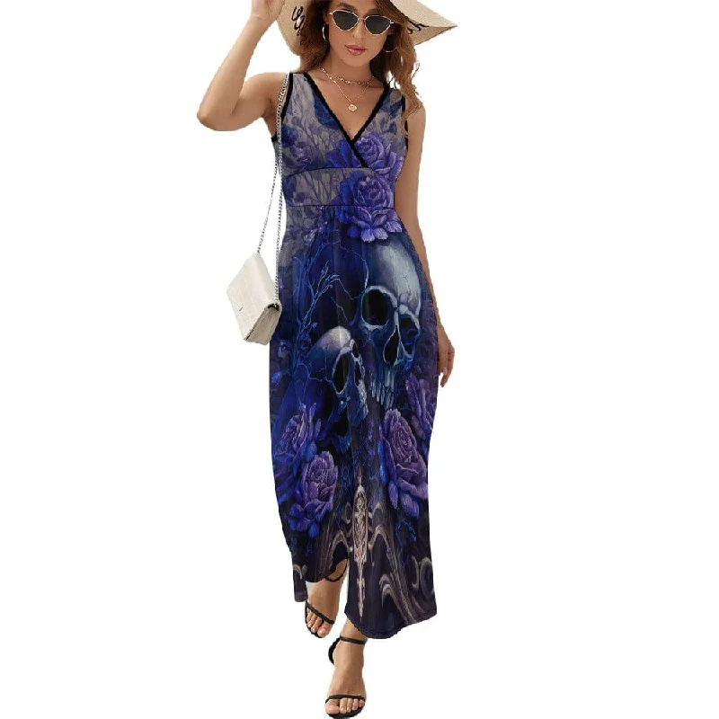 Ladies Blue Skull Floral Sleeveless Dress